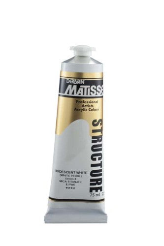 A bottle of Matisse Structure Iridescent White acrylic paint, featuring a rich impasto finish ideal for textured artwork.