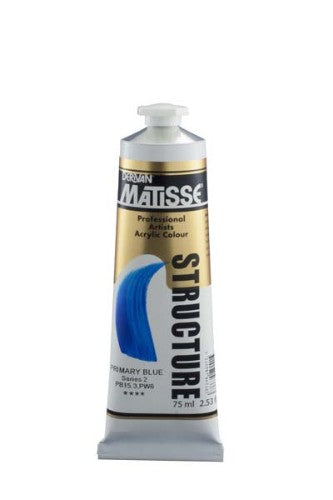 A 75ml tube of Matisse Primary Blue S2 Acrylic Paint, ideal for textured effects with vibrant color and archival durability.