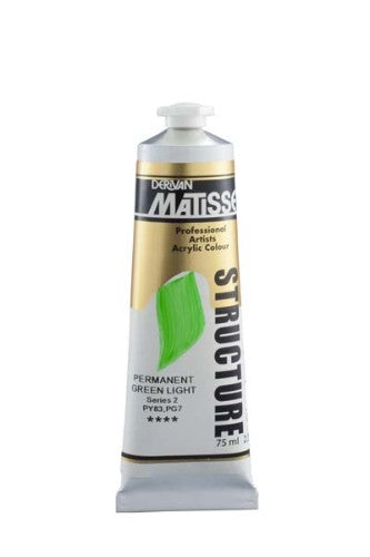 Matisse Structure Acrylic Paint in Permanent Green Light, vibrant 75ml tube for textured and smooth applications.