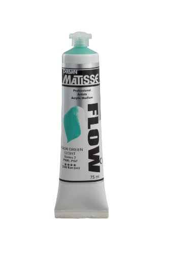 Aqua Green Light Matisse Flow Acrylic Paint in a 75ml tube, ideal for smooth brushstrokes and vibrant art techniques.