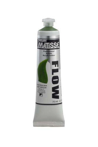 Matisse Flow Acrylic Paint in Aust Sap Green S3, 75ml, offers thin viscosity for smooth brushwork and vibrant color for any project.