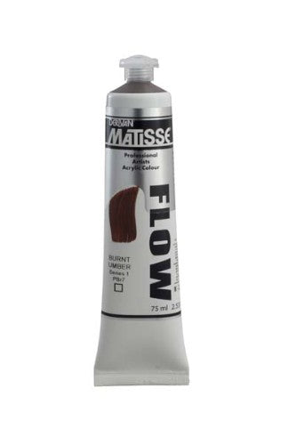 Acrylic paint tube with a label reading "Matisse Flow Burnt Umber S1," designed for smooth, versatile brushwork.