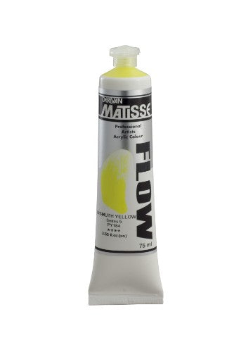 A 75ml tube of Matisse Flow Acrylic Paint in vibrant Bismuth Yellow S5, ideal for fluid brushstrokes and versatile techniques.