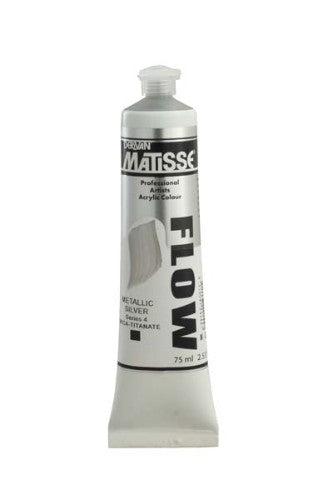 Matisse Flow Metallic Silver Acrylic Paint in 75ml, perfect for smooth brushwork and airbrush application.