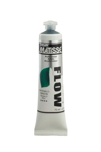 Matisse Flow Acrylic Paint in Phthalo Green S2, 75ml tube, ideal for fluid brushstrokes and detailed artwork applications.