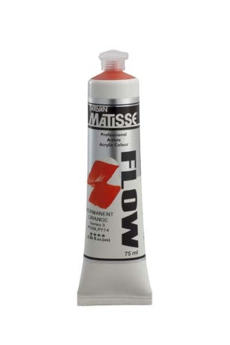 Premium Matisse Flow acrylic paint in Perm Orange S3, ideal for vibrant artworks and versatile application techniques.