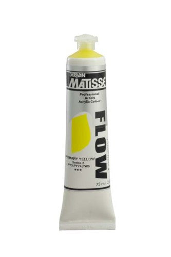 Vibrant 75ml Matisse Flow Acrylic Paint in Primary Yellow, ideal for free-flowing brushstrokes and detailed techniques.