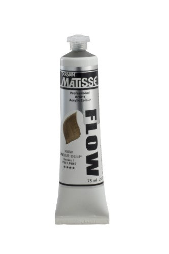 Matisse Flow 75ml Raw Umber Deep S1 acrylic paint, showcasing a smooth, free-flowing consistency and rich earthy tone for artists.