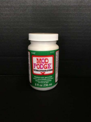 Mod Podge Outdoor 8oz bottle, ideal for durable outdoor decoupage on various surfaces like tin, wood, and terracotta.