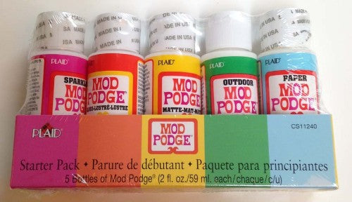 Mod Podge Starter Set featuring five 2oz bottles of Gloss, Matte, Sparkle, Outdoor, and Matte Paper for versatile crafting projects.