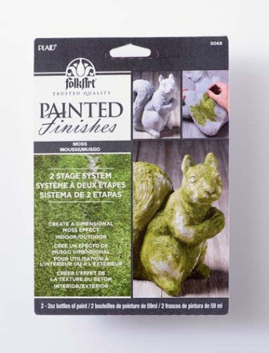 Two 2oz bottles of Plaid Painted Finishes in Moss, ideal for achieving a rustic vintage look on various surfaces.