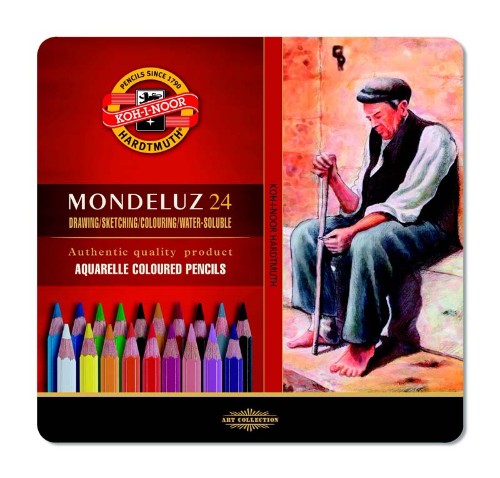 Colored pencil tin featuring 24 high-quality aquarelle pencils for vibrant coloring, blending, and lightfast artwork.