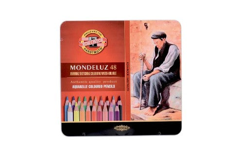 Premium Mondeluz 48 aquarelle colored pencils in a sturdy tin, featuring vibrant pigments for detailed, blendable art.