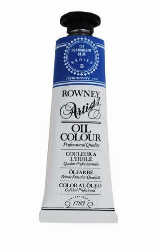 Vibrant 38ml tube of Rown Art Oils in Permanent Blue, ideal for blending and layering in various painting techniques.