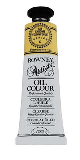 Premium 38ml Chrome Yellow Hue oil paint by Rown Art, featuring vibrant color, thick consistency, and excellent lightfastness.