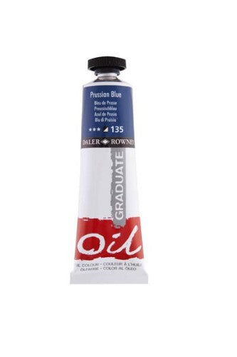 Vibrant 38ml tube of Daler-Rowney Prussian Blue oil paint, ideal for students, with smooth application and low gloss finish.