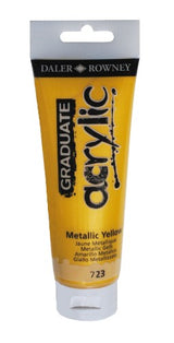 Acrylic paint in vibrant Metallic Yellow, perfect for artists seeking versatility and fast-drying, high-quality color.