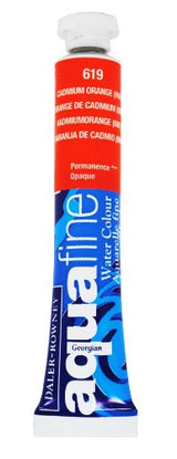 A vibrant 8ml tube of Daler-Rowney Aquafine Cad Orange Hue watercolour, perfect for blending and layering in artwork.