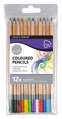 D-R Simply Colour Pencil Set X12 features vibrant, pigmented colors, pre-sharpened tips, and a comfortable triangular grip.