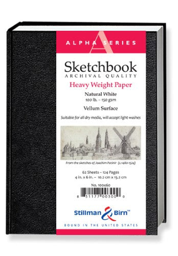 Alpha Hardback Sketch Pad with 150gsm archival-quality paper, 4x6" size, and 62 sheets for versatile artistic expression.