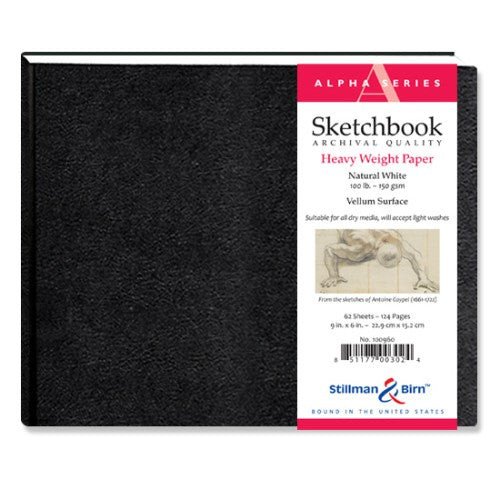 High-quality Alpha Hardback sketch pad, 150gsm, 9x6", 62 sheets, perfect for various media and durable sketching.