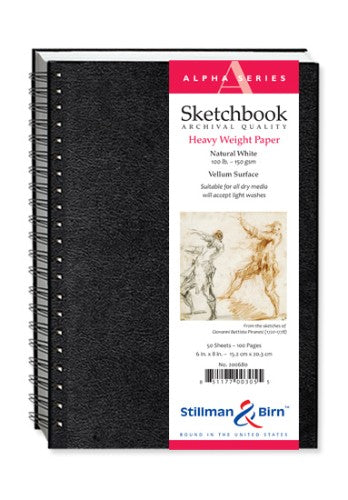 Alpha Spiral sketch pad featuring 50 sheets of 150gsm paper, perfect for various media and seamless page turning.