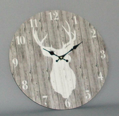 Rustic wooden wall clock featuring a unique stag design, 34cm diameter, ideal for enhancing home decor.