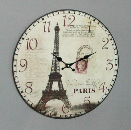 Wooden wall clock featuring an elegant Eiffel Tower design, 34cm, perfect for enhancing home decor with style and charm.