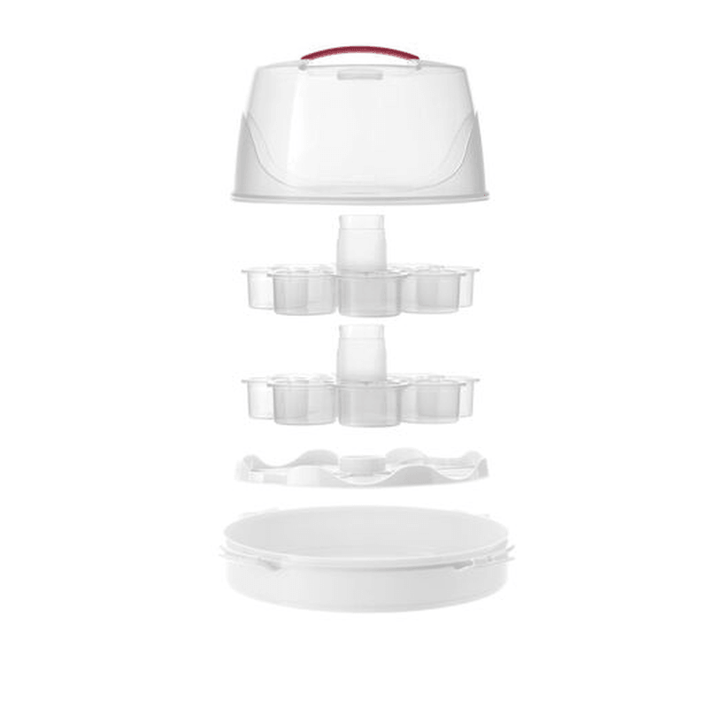 Avanti cupcake and cake carrier holding 16 cupcakes and a round cake, featuring a clear cover and secure locking tabs.
