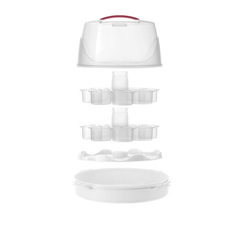Avanti cupcake and cake carrier holding 16 cupcakes and a round cake, featuring a clear cover and secure locking tabs.