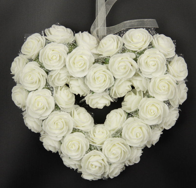 Medium Rose Heart Wreath featuring soft pink roses and greenery, ideal for home decor and special occasions.