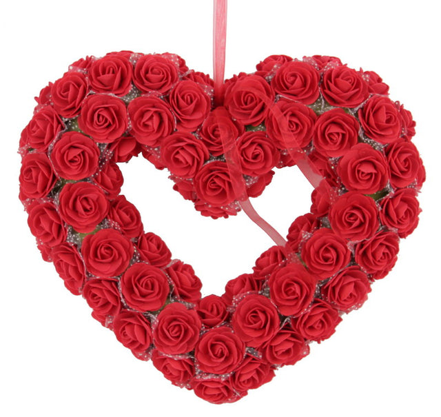 Vibrant red rose heart wreath measuring 27x32x5cm, perfect for enhancing home decor with love and elegance.