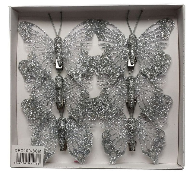 Elegant silver glitter butterfly clip set (8cm), ideal for stylish hairdos, includes 6 sturdy clips in 2 packs.