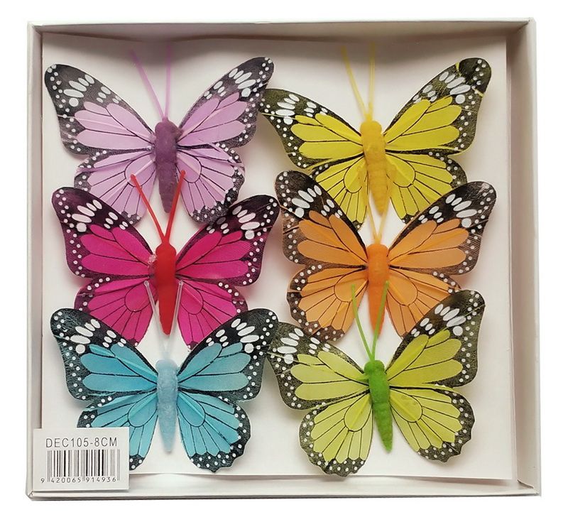 Colorful wire butterflies, 8cm wide, 2 packs with 6 assorted pieces for crafts and decor enhancement.