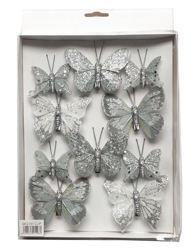Silver butterfly clips in mixed sizes, perfect for securing hair stylishly with elegance; 2 packs of 10 pieces total.
