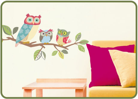 Colorful removable owl wall decal measuring 76cm long, perfect for adding whimsy to children's rooms and versatile decor.