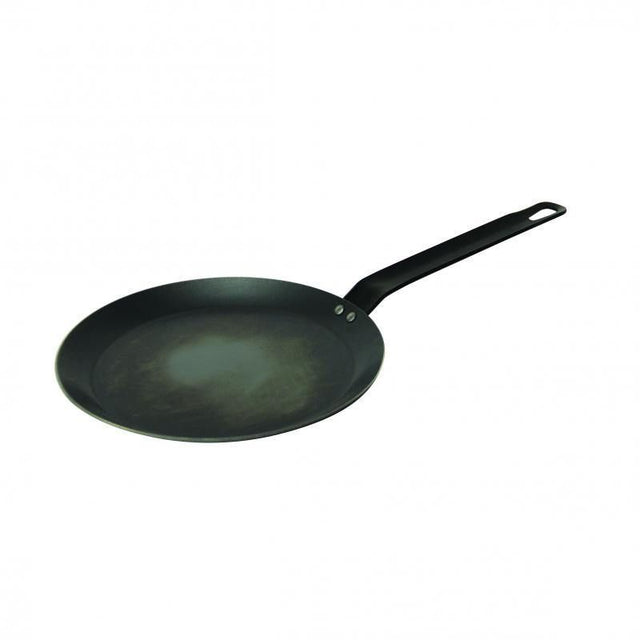 Pyrolux blue steel crepe pan: 18 cm, triple-riveted handle, high-temp cooking, oil-free, non-stick when seasoned, induction compatible.