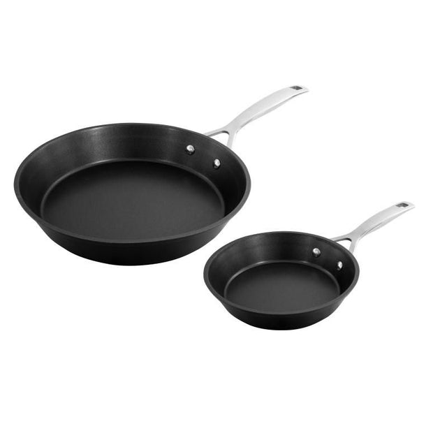 Black Pyrolux Ignite Skillet Set of 2 (20cm & 28cm) with non-stick interior and stainless-steel handles for effortless cooking.