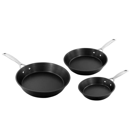 Pyrolux Ignite Skillet Set of 3, durable forged aluminum with non-stick coating, ideal for various cooking methods.