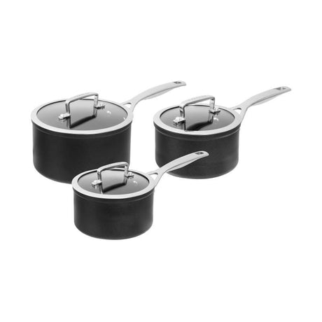 Pyrolux Ignite Saucepan Set of 3, includes 16cm, 18cm, and 20cm heavy-duty aluminum pots with non-stick coating and glass lids.