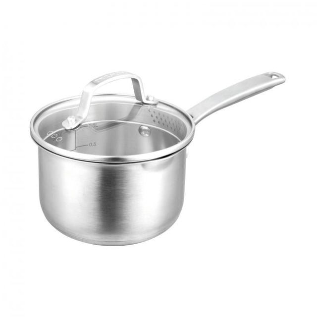 Pyrolux Radius 85 14cm saucepan in stainless steel, featuring a tempered glass lid, dual straining holes, and ergonomic handles.