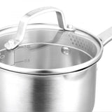 Pyrolux Radius 85 stainless steel saucepan with tempered glass lid, dual straining holes, and ergonomic cool-touch handles.