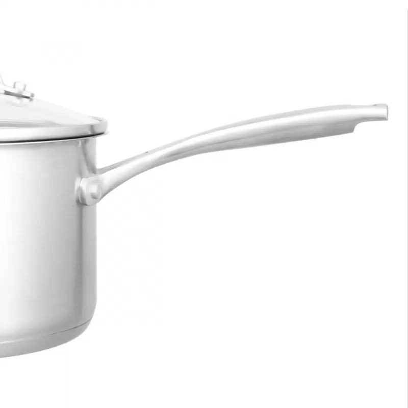 14cm Pyrolux Radius 85 saucepan in stainless steel with dual straining lid, ergonomic handles, and even heat distribution.