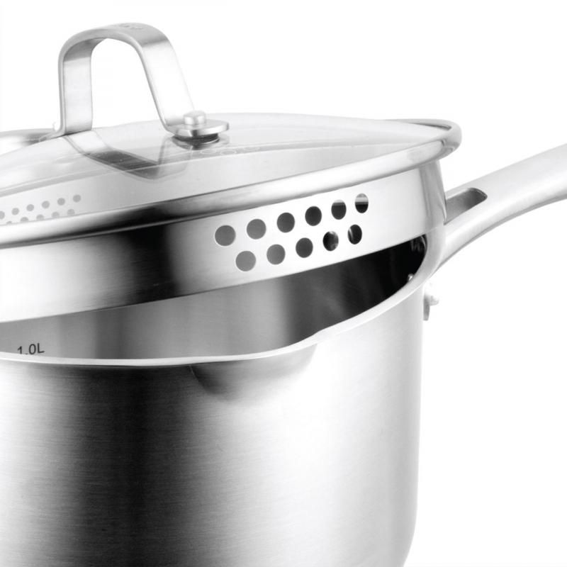 Pyrolux Radius 85 saucepan in 14cm size, made of durable stainless steel, features a straining lid and ergonomic handles for easy cooking.