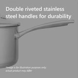 Pyrolux Radius 85 14cm stainless steel saucepan with tempered glass lid, dual straining holes, and ergonomic cool-touch handle.