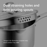 Alt text: "Pyrolux Radius 85 16cm saucepan with stainless steel build, dual straining glass lid, and twin pouring spouts for easy serving."