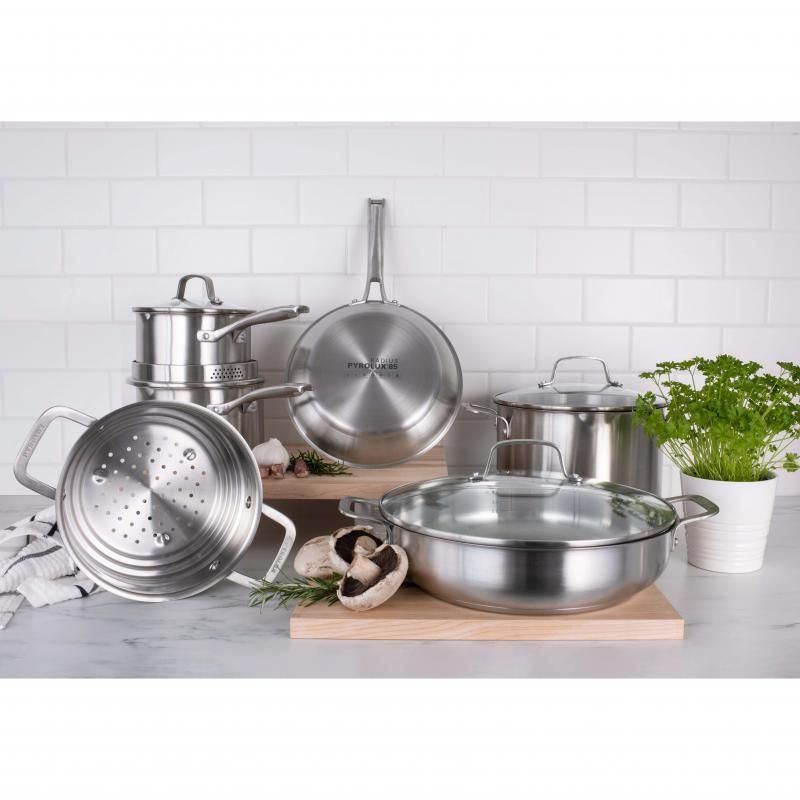 Pyrolux Radius 85 saucepan featuring a 16cm/1.8L capacity, stainless steel body, tempered glass lid with dual straining holes, and twin pouring spouts.