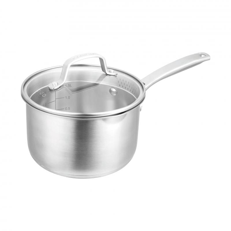 Pyrolux Radius 85 16cm saucepan with stainless steel body, tempered glass lid, and dual straining holes for versatile cooking.