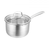 Pyrolux Radius 85 16cm saucepan with stainless steel body, tempered glass lid, and dual straining holes for versatile cooking.