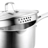 Stainless steel 16cm Pyrolux saucepan with dual straining lid, twin pouring spouts, and handle designed for comfort and control.